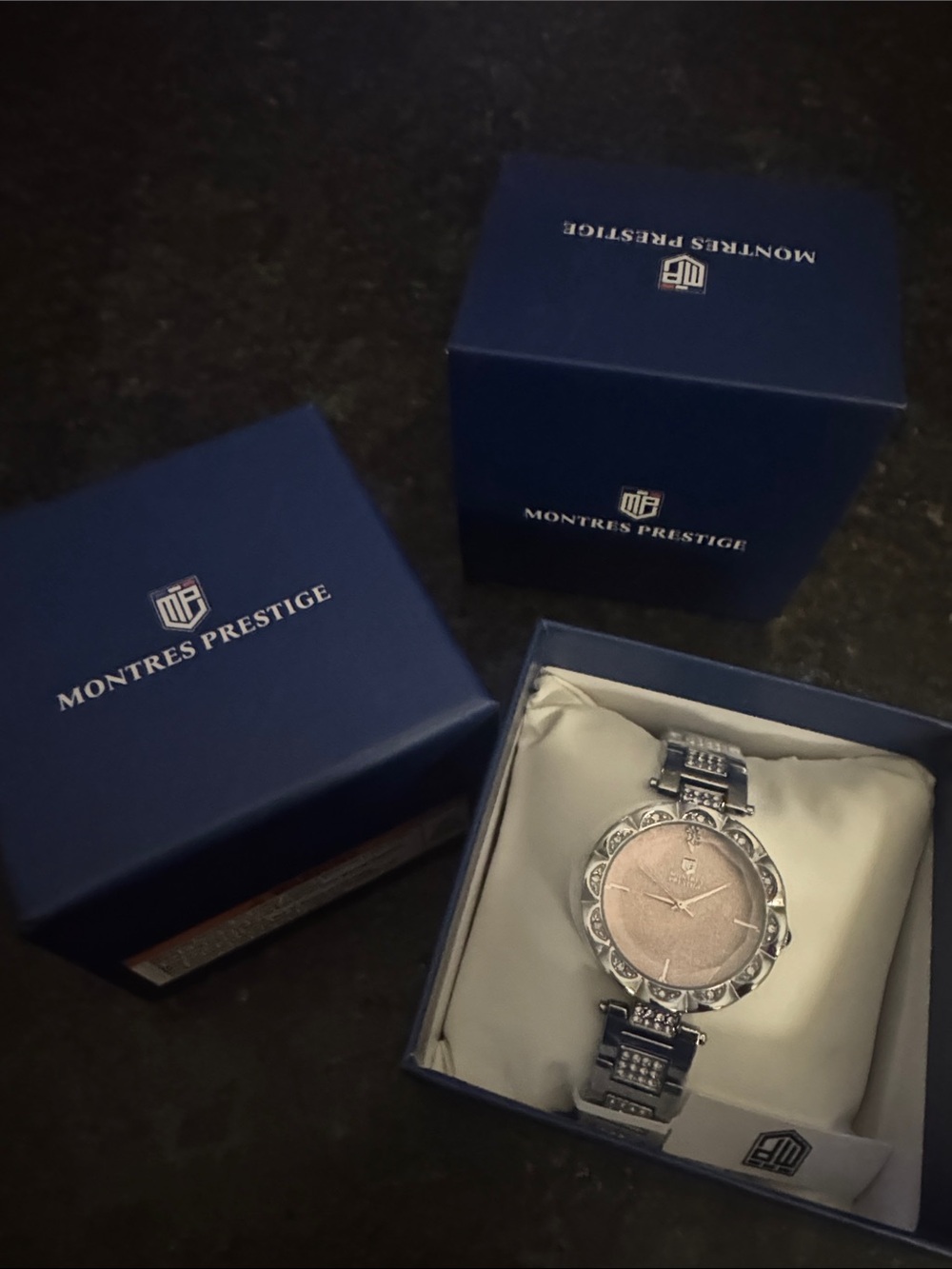 Montres Prestige Collection Women's Silver Tone Bracelet Watch with Rose Dial
